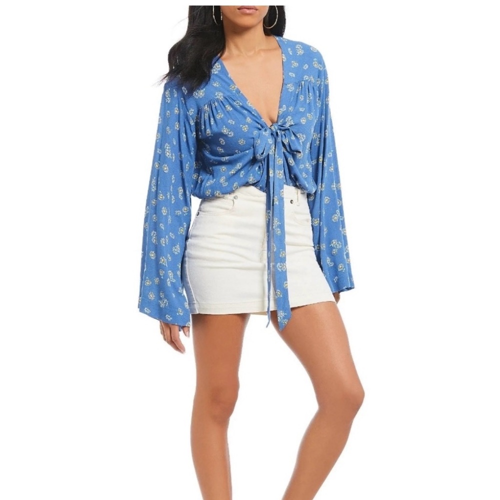 Free People Blue Floral Tie-Front Blouse